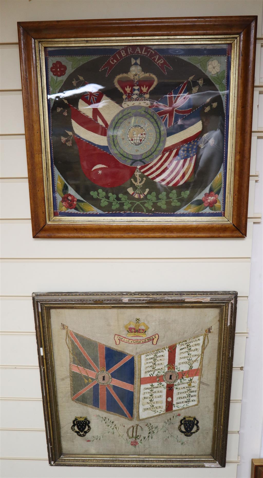 Early 20th century woolwork Gibraltar panels and Lucknow Heroes, largest 42 x 45cm